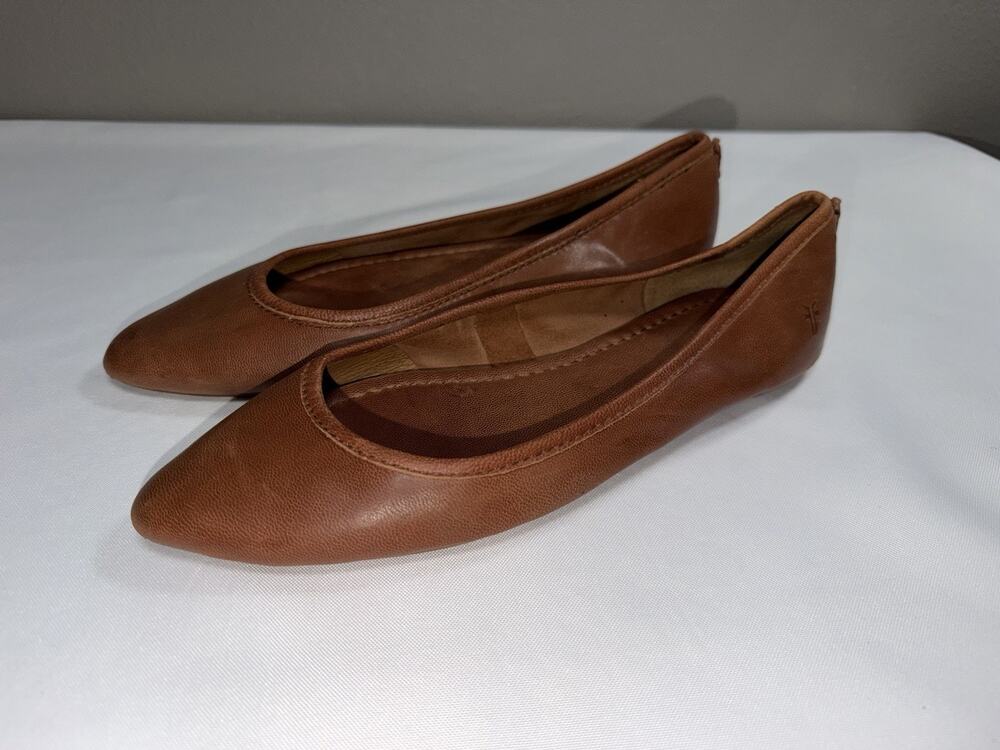 Frye Regina Women’s Size 6.5 Cognac Tan Brown Leather Ballet Flats Pointy Shoes